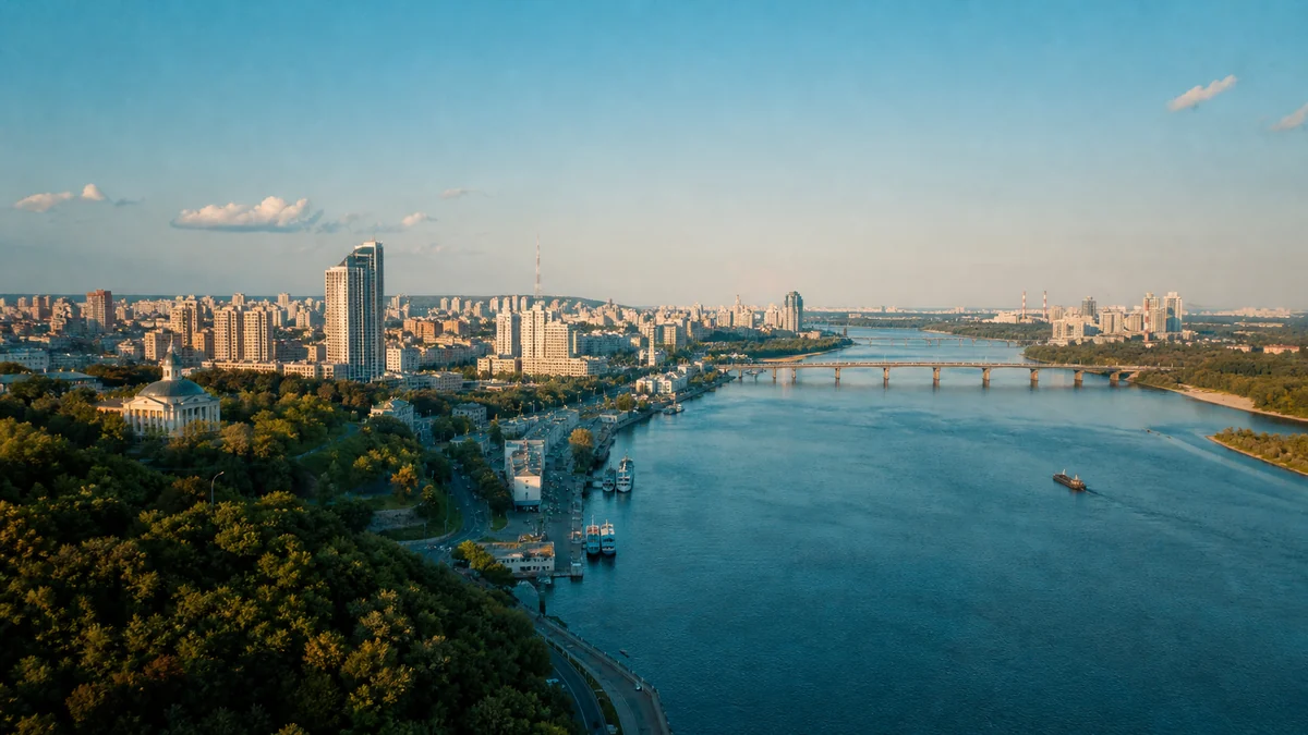Панорама Києва над Дніпром — аварійна прочистка у разі повернення води